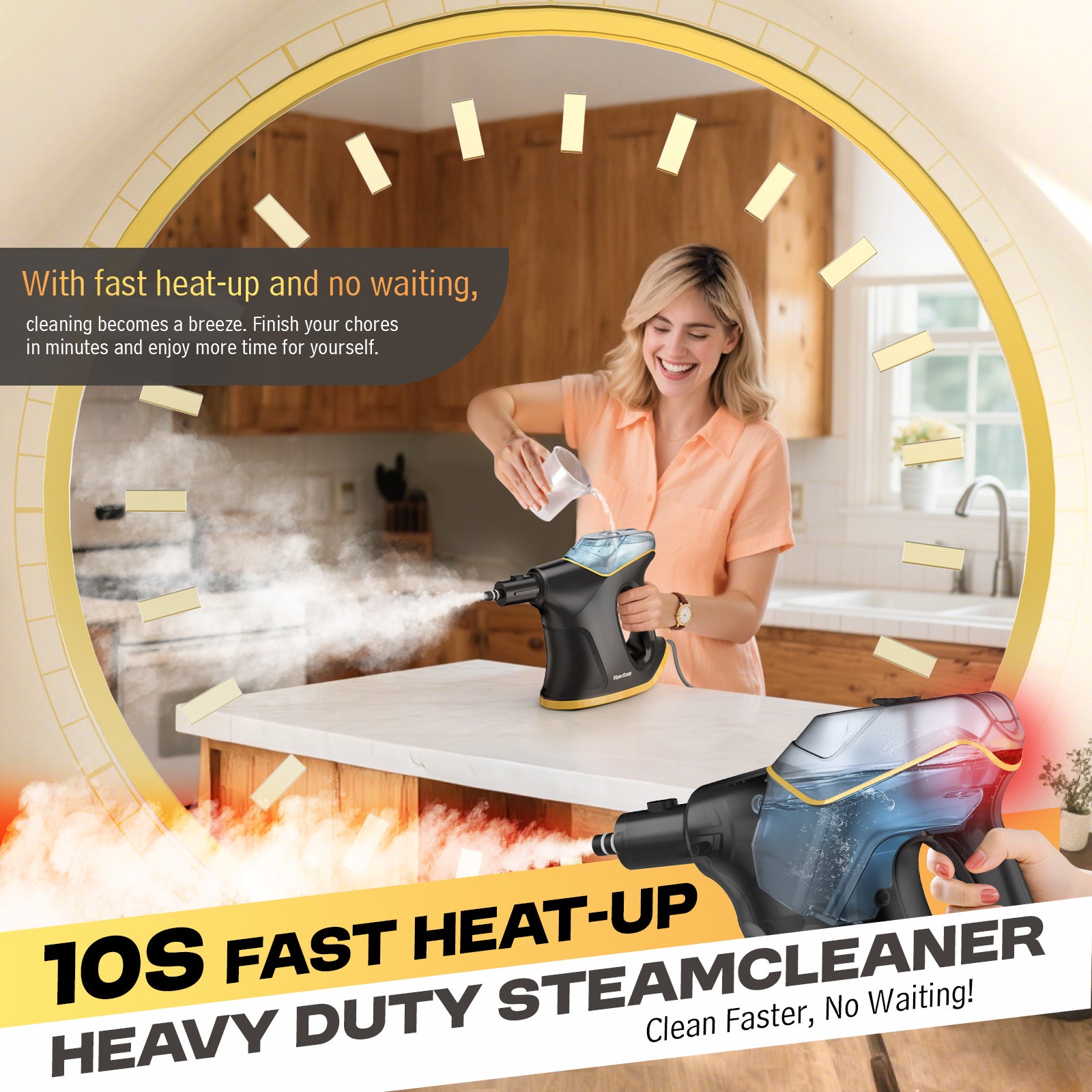 Heavy Duty Steam Cleaner with Continuous Spray & Safety Lock, Multipurpose Handheld Steamer for Home Use, 15S Fast Heating Steamer with 9PC Accessories for Car Furniture Kitchen Grout and Upholstery
