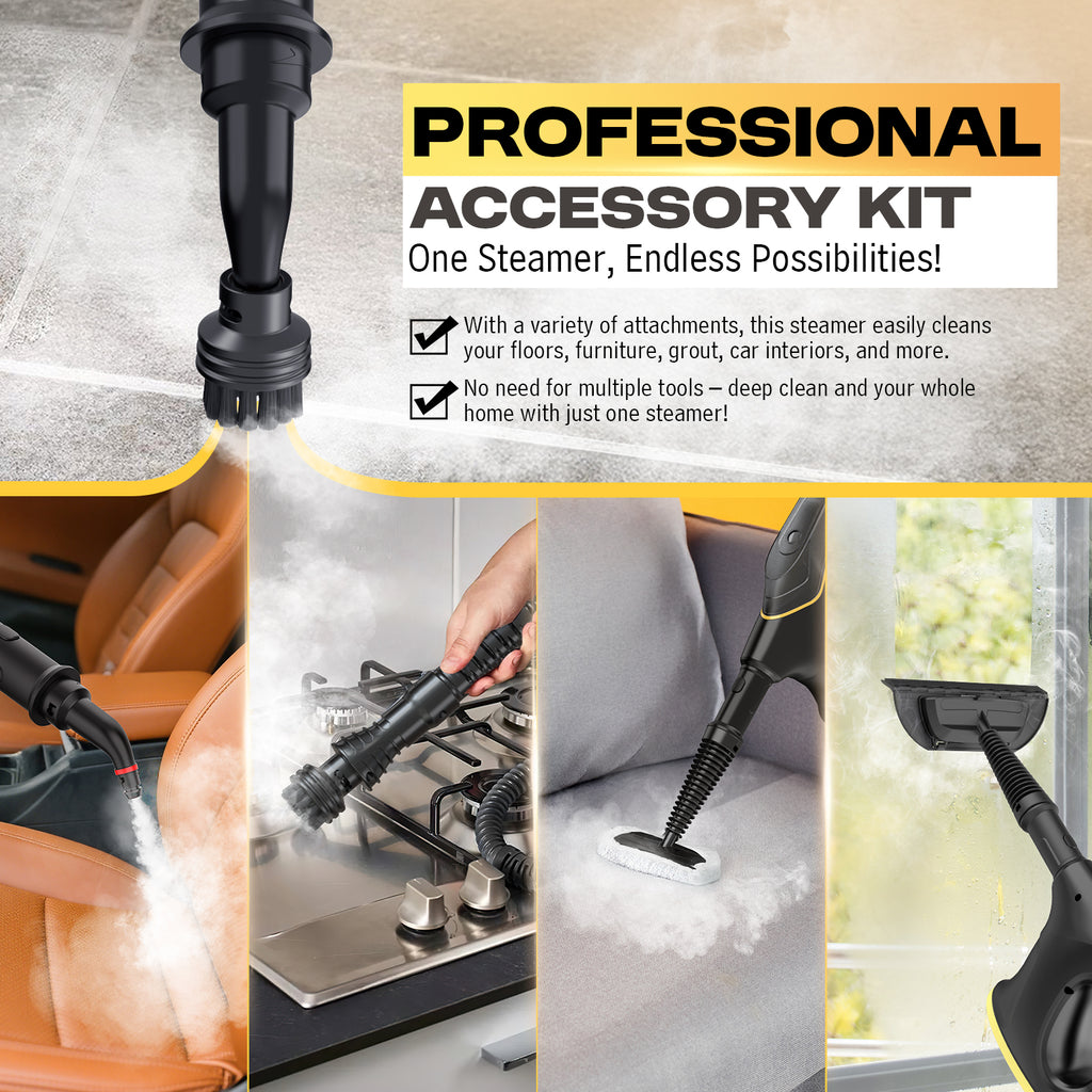 Heavy Duty Steam Cleaner with Continuous Spray & Safety Lock, Multipurpose Handheld Steamer for Home Use, 15S Fast Heating Steamer with 9PC Accessories for Car Furniture Kitchen Grout and Upholstery